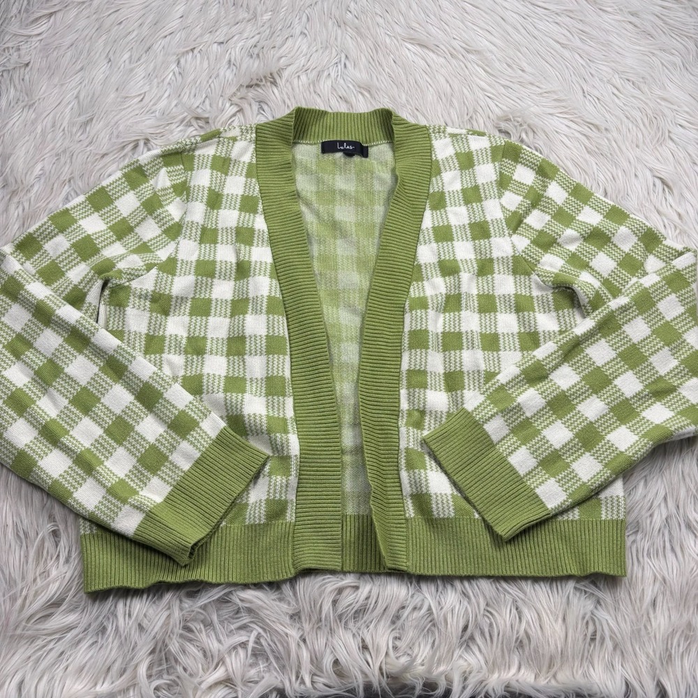 Lulu's Women's XL Green White Plaid Gingham‎ Open Cropped Cardigan Preppy Picnic